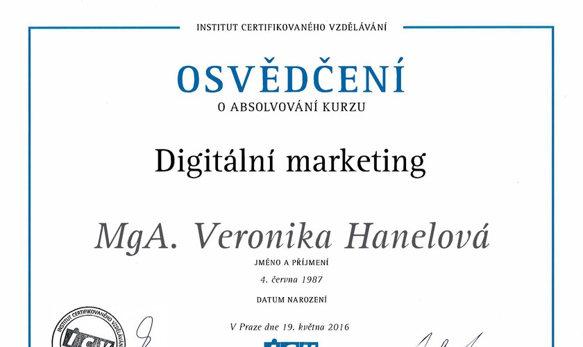 Digitální marketing - Veronika Hanelová - certifikát